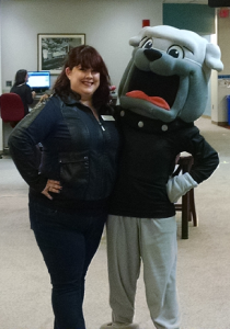 Me and Rocky, our UNC Asheville mascot, at the grand opening of our Media Design Lab (September 2014)